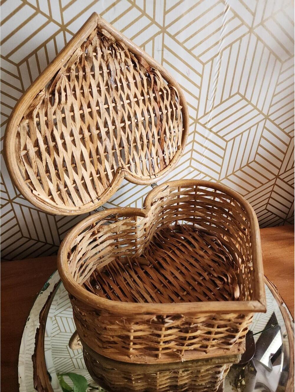 Vintage Mid-Century Modern Heart Shaped Wicker Basket with Hinged Lid